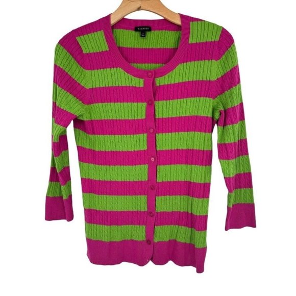 Talbots Sweaters - Talbots womens Green Pink Striped Cardigan cable knit sweater Size Small cotton